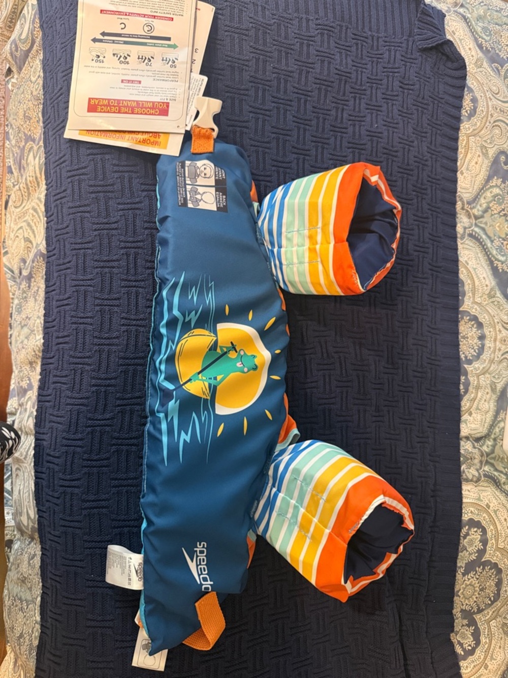 Speedo Navy and Orange Kids  Swim Vest Floatie with Rainbow Stripe Arm Bands
